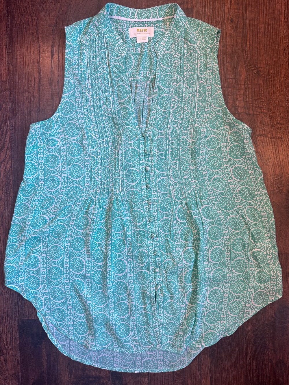 Maeve Anthropology Sleeveless Pintuck Blouse XS Green Printed Button Front